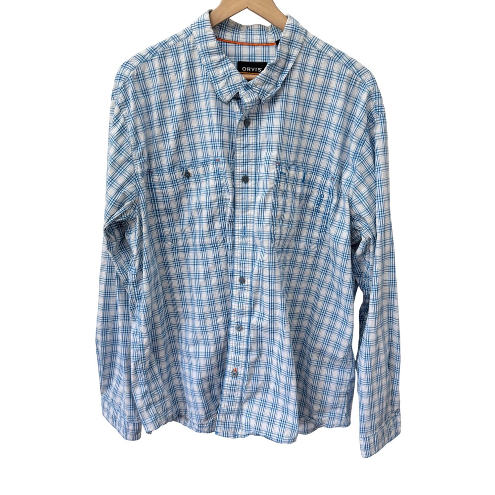 Orvis Button Down Shirt XL Blue White Plaid Active Fit Stretch Long Sleeve